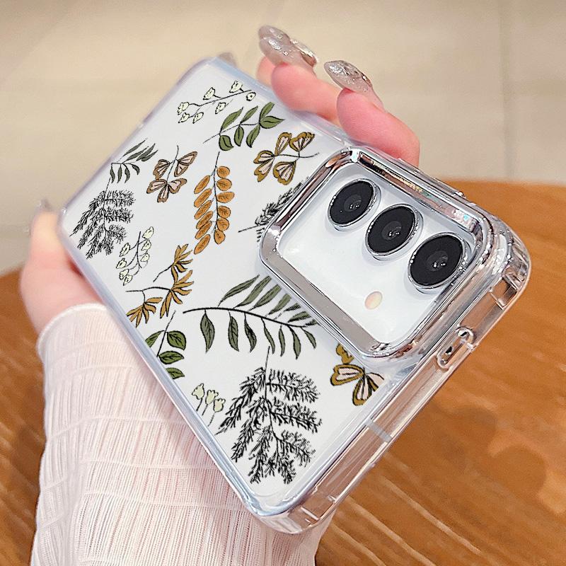 Plating Lens Petal Leaves Flower Case For Samsung Galaxy S24 S23 S22 Ultra S21 S20 FE A34 A52 A53 A14 A15 A25 A35 A55 A54 5G