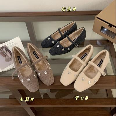 2025 Autumn and Winter New Round Head Rhinestone Bow Light Mouth Soft Sole Women's Fluff Word Belt Fashion Women's Single Shoes