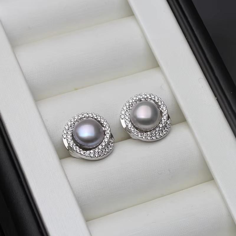 White Black 925 Sterling Silver Natural Freshwater Pearl Earrings,Wedding Pearl Stud Earrings Jewelry Wife Mother Engagement