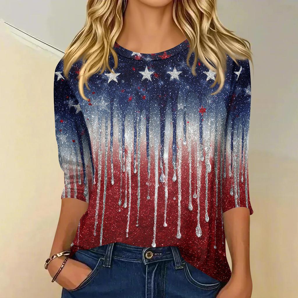 Women's fashionable casual round neck three-quarter sleeve Independence Day printed T-shirt top