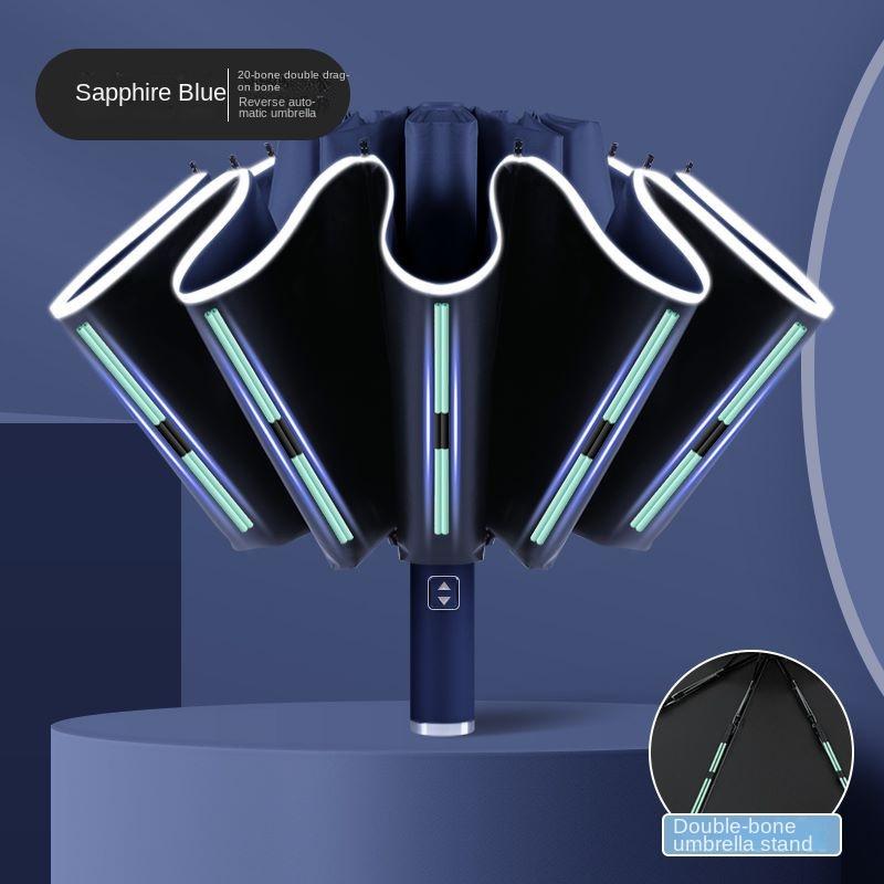 Kompaktní velikost, safírově modrý automatický obrácený deštník - Vodotěsný, UV ochrana, Stylový skládací design s dvoužebrovou konstrukcí a bezpečným zamykáním