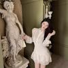 Hepburn Style White Long-sleeved Chiffon Dress Early Autumn Temperament Pleated Design Sense Waist a Word Fairy Short Skirt