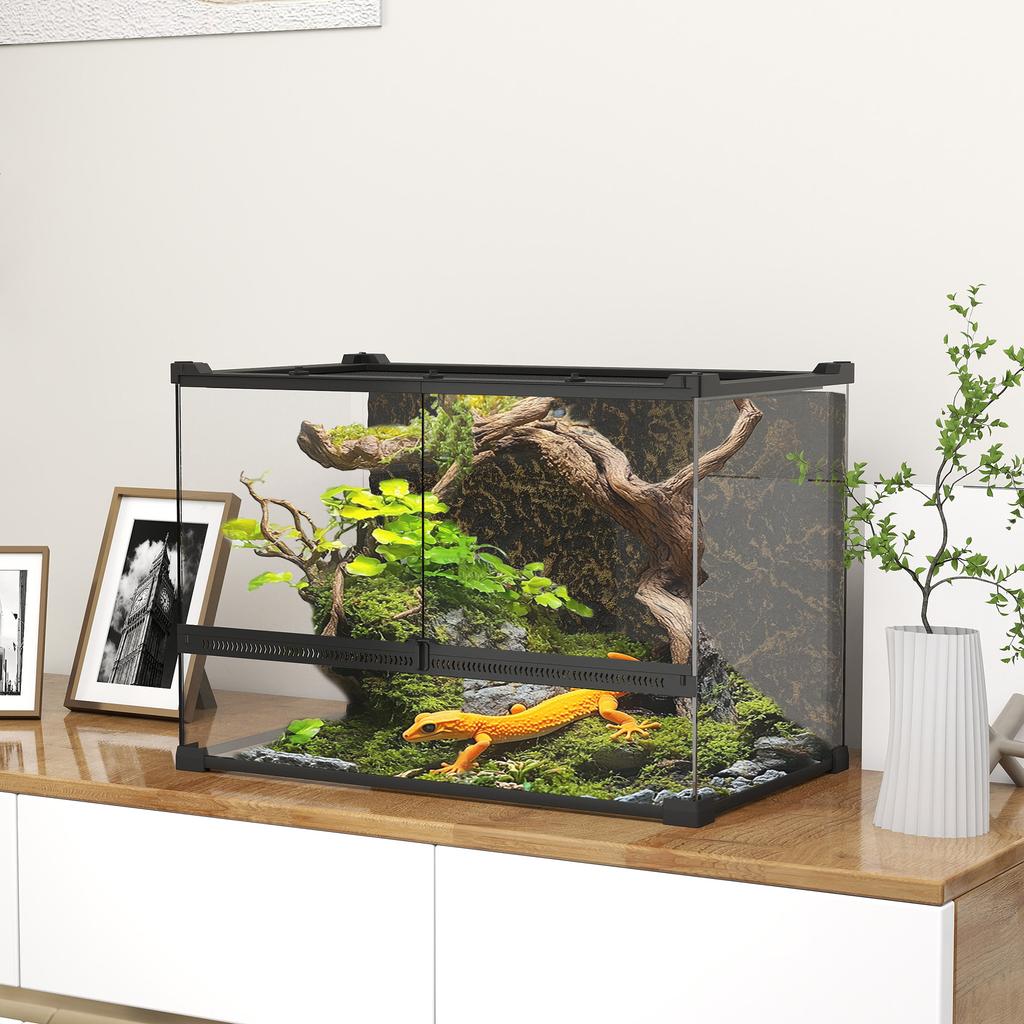 Reptile Glass Terrarium with Stone Background, Front Ventilation, Escape-Proof Knob Lock, 50 x 30 x 35 cm, Black