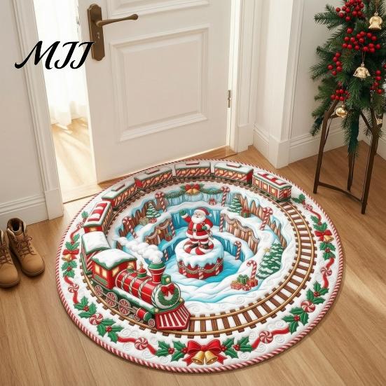 Festive Round Rug for Christmas 3D Rug, Vortex Optical Illusion Area Santa Snowman Staircase Durable Entrance Winter Depth Pattern, Non-slip Floor Mat