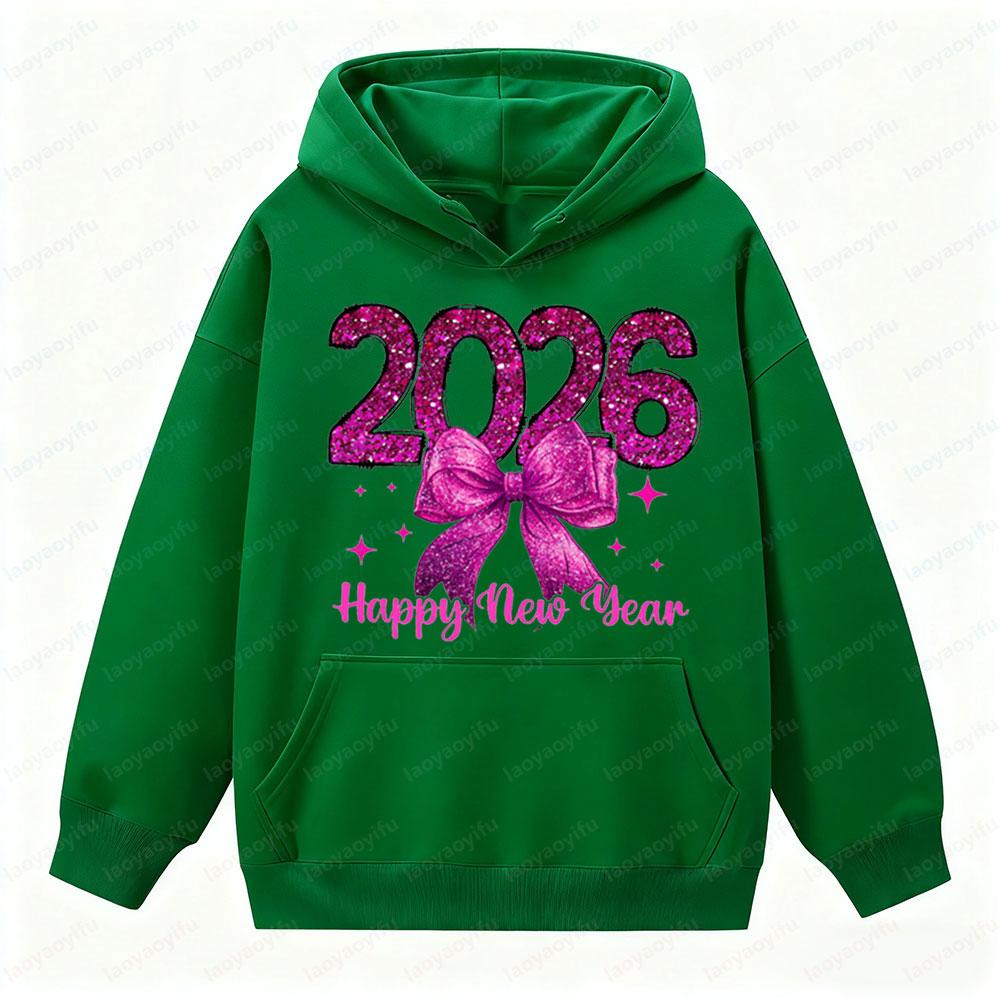 Happy New Year 2026 Clothing NYE Party Apparel Pink Glitter Girly New Year Hoodies Women Fashion Trend Holiday Sweatshirt