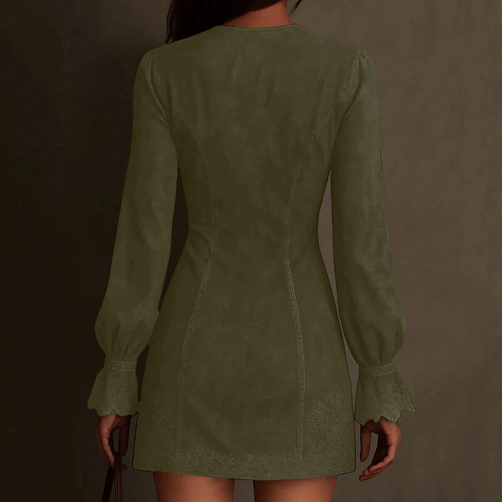 Damen Wildleder Kleid V-Ausschnitt Reißverschluss Spitze Langarm Farbe Vintage Kleid