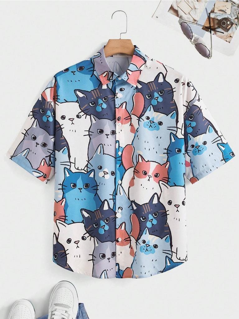 Men's Cute Cat Print Casual Daily Wear 3d Printing Short Sleeve Shirt Fashion Hawaiian Shirts For Men Harajuku