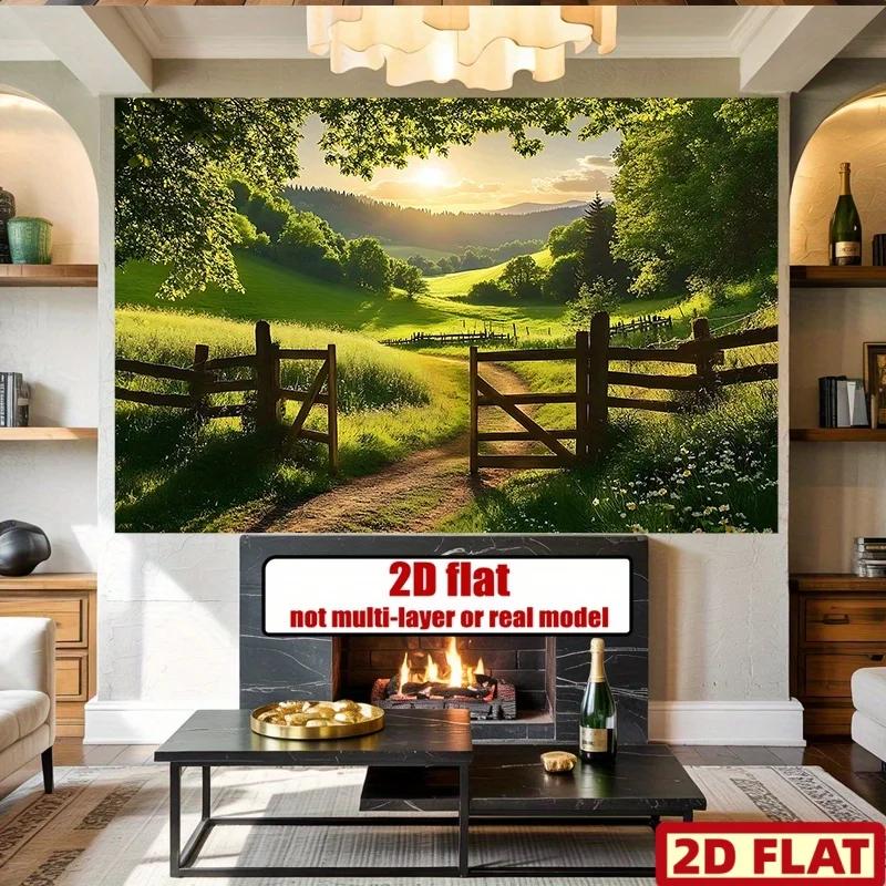 2D plane, 1 vibrant green plant and wooden fence banner. Rural scenery background fabric. Suitable for autumn parties.