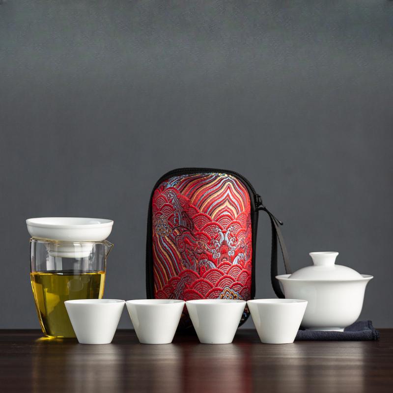 Dehua White Porcelain Travel Tea Set Outdoor Travel Portable Glass Quick Cup Cover Bowl Small Three Cups