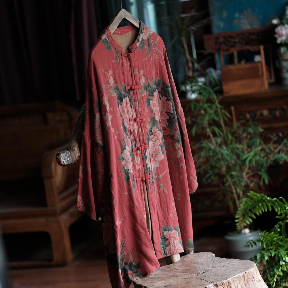 Johnature Vintage Women Red Print Floral Long Shirts Button Stand Long Sleeve Blouses Autumn Chinese Style Shirt