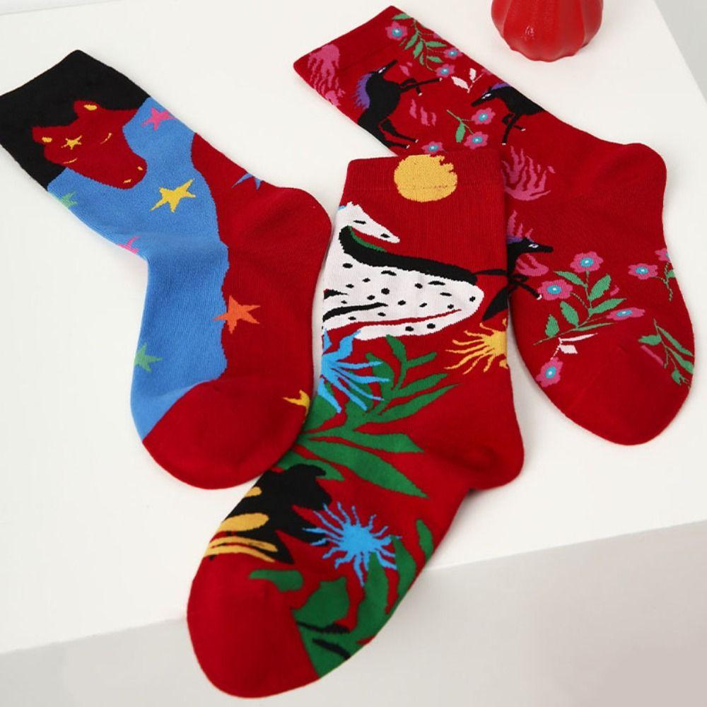3Pairs Winter Autumn Year of The Horse Socks Cartoon Red Cotton Socks Funny Zodiac Year Socks  Women