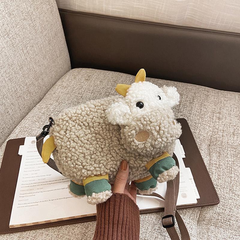 Lovely Cartoon Cow Shape Plush Messenger Bag Kid Designer Bag Cattle Crossbody Bags Small Handbags Coin Bag Purse Women'S Bag