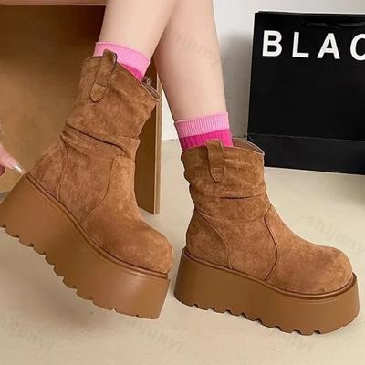 Snow Boots for Women Shoes Plush Winter Platform Footwear 2025 New Fur Pleated Ankle Boots Ladies Thick Sole Mid-calf Boots