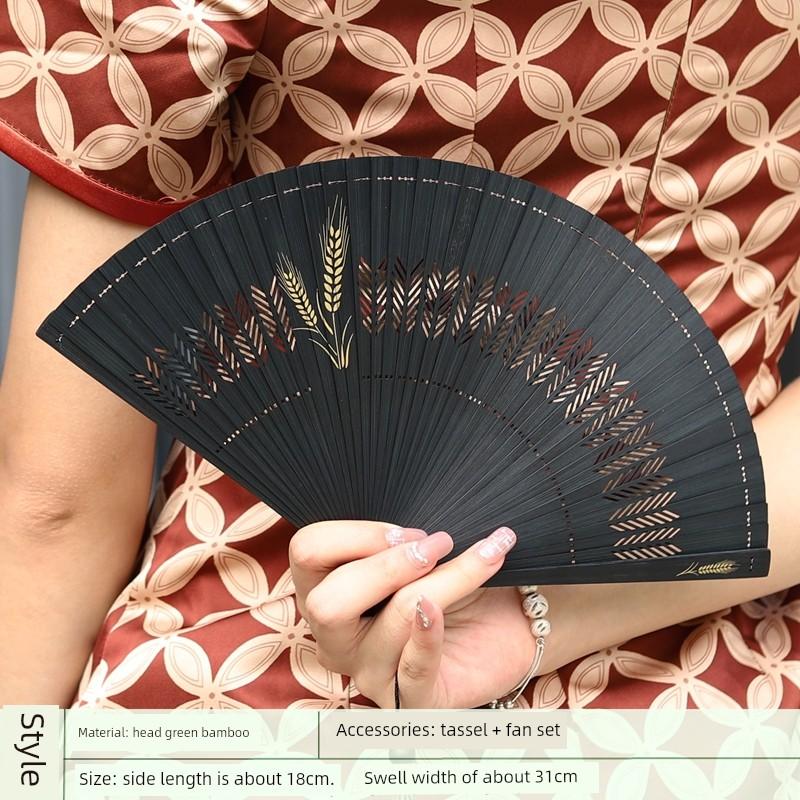 Fan Full Bamboo Folding Fan Carved Foldable Mini Fan Small Size Portable Chinese Style Chinese Ancient Style Dance Fan Green for Women