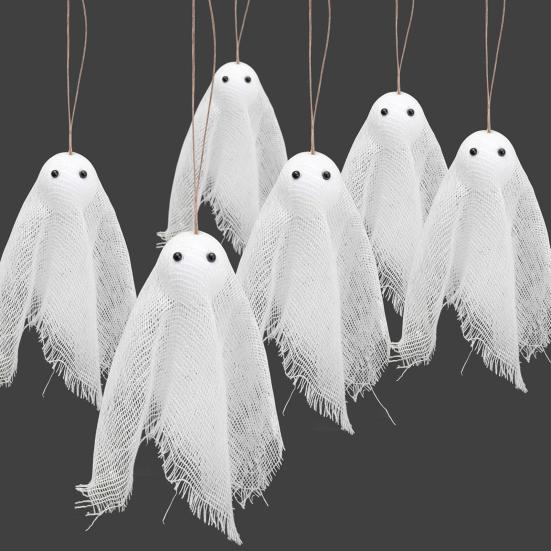 24 Pcs Halloween Ghost Decorations White Gauze Ghost Hanging Ornaments Small Hanging Ghosts Tree Ornaments for Farmhouse Haunted House Party