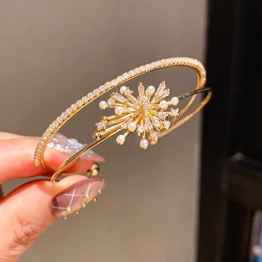 Elegant Zircon Pearl Firework Double Layer Open Bracelet For Women Fashion Accessories