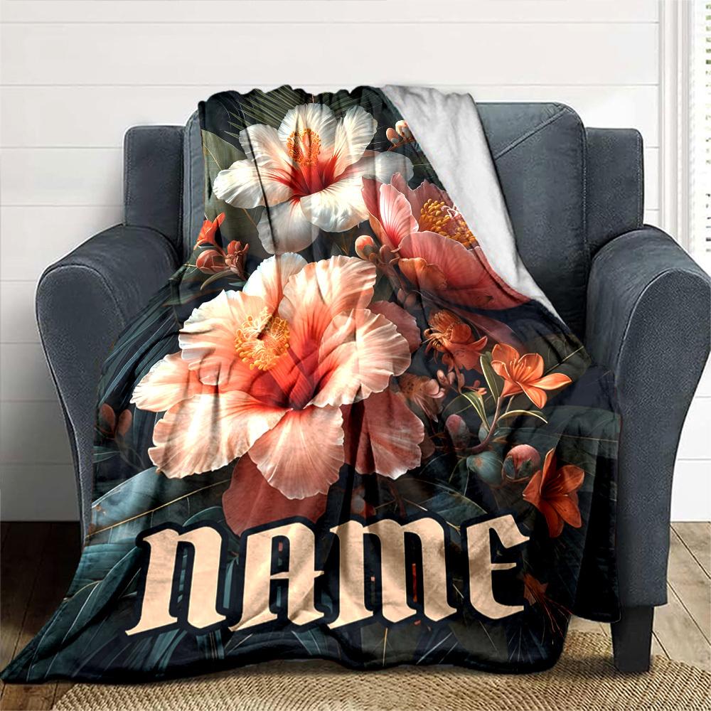 Tropical Hibiscus Bloom Throw Personalized Blanket Customize Your Name Comfortable Texture For Sofa Couch Office Bed Picnics Four Seasons Universal