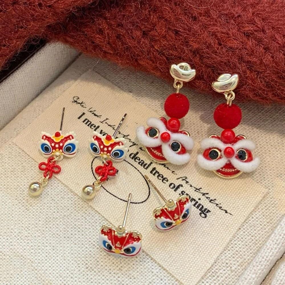 Good Luck Lion Dance Earrings Set Tassel New Year Earrings Trendy Bell Ear Studs  Ear Accessories