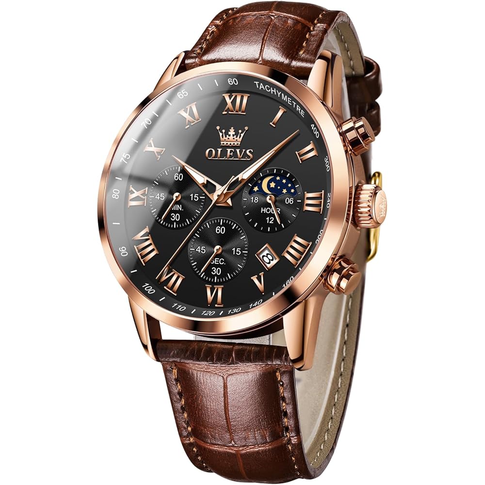 OLEVS Men s Stylish Waterproof Watch with Brown Leather Strap, Date Display, Analog Quartz, Black Dial