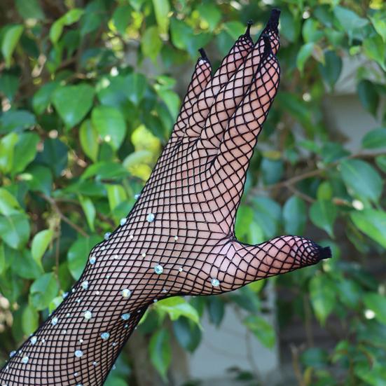 Long Rhinestone Fishnet Gloves for Women Sparkly Mesh Elbow Length Gloves for Rave Party Halloween Wedding Costume Accessories