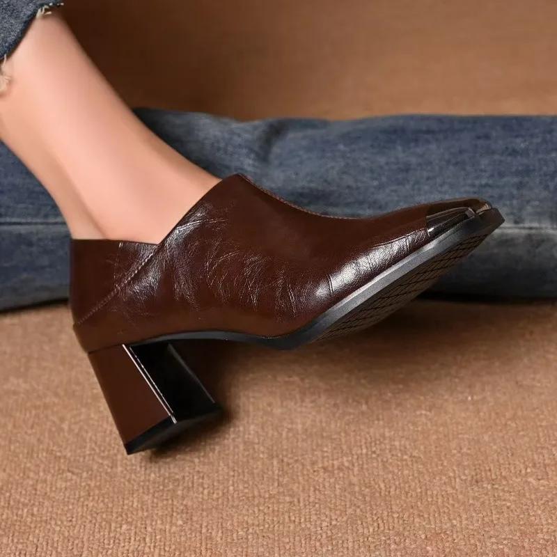 Metal Square Toe Block Heel Single Boots Women's Fashion Rear Zip Anti-Slip Wear-Resistant Short Shoe