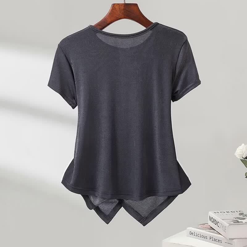 T-shirt à manches courtes et col rond pour femme avec perles