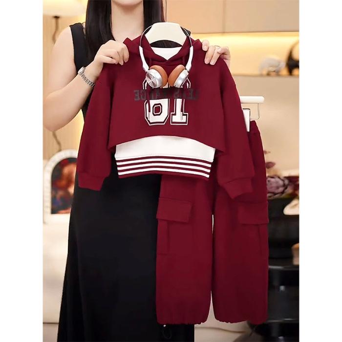 

Комплект из 3 предметов: полосатый жилет и свитер с капюшоном для девочек - мода весна/осень 170cm