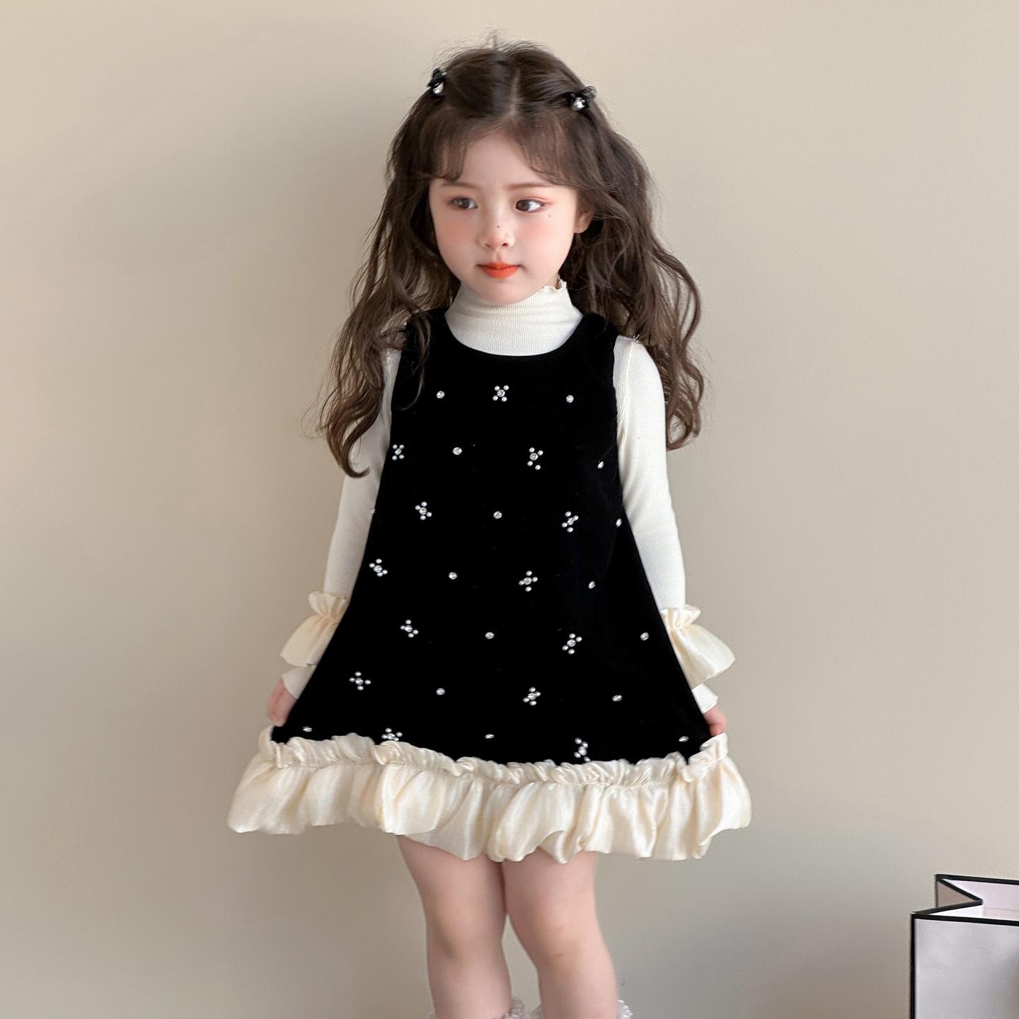 

2025 New Korean Style Autumn Velvet Beaded Dress Set for Girls – Princess Vest Two-Piece 130 cm