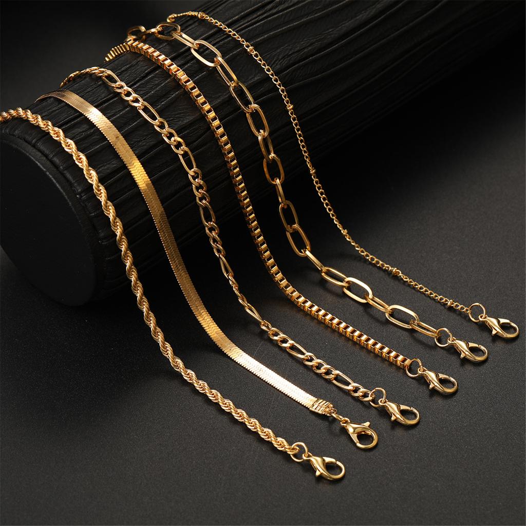 6 Pieces Fashionable 14K Gold Plated Bracelet Set Accessory for Women Thin Cuban Link and Paperclip Chain Designs