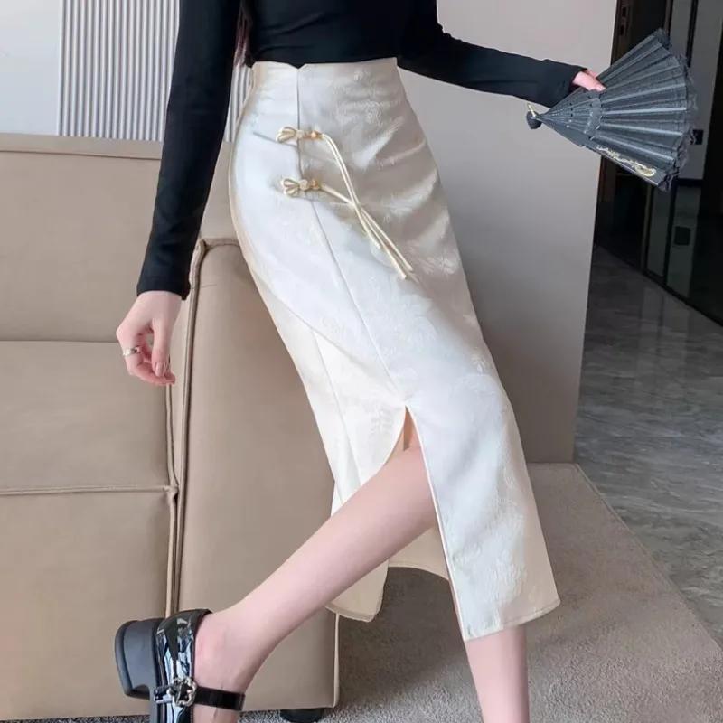 Chinese Style Skirts for Women Printed Casual Streetwear Elegant Female Spring Summer Chic Solid High Waist Simple