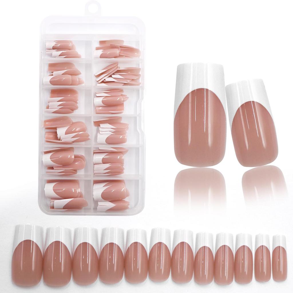 120-Piece Black & White French Square False Nails Set - Reusable Wear-On Manicure Tips