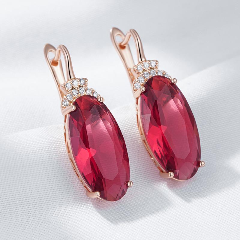 Oval Red Zircon Women Dangle Earrings Golden Anti Allergic Large Zircon Luxury Costume Jewelry