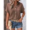 Women lapel collar crinkle textured short sleeve shirt solid multi color loose fit beach casual button down blouse