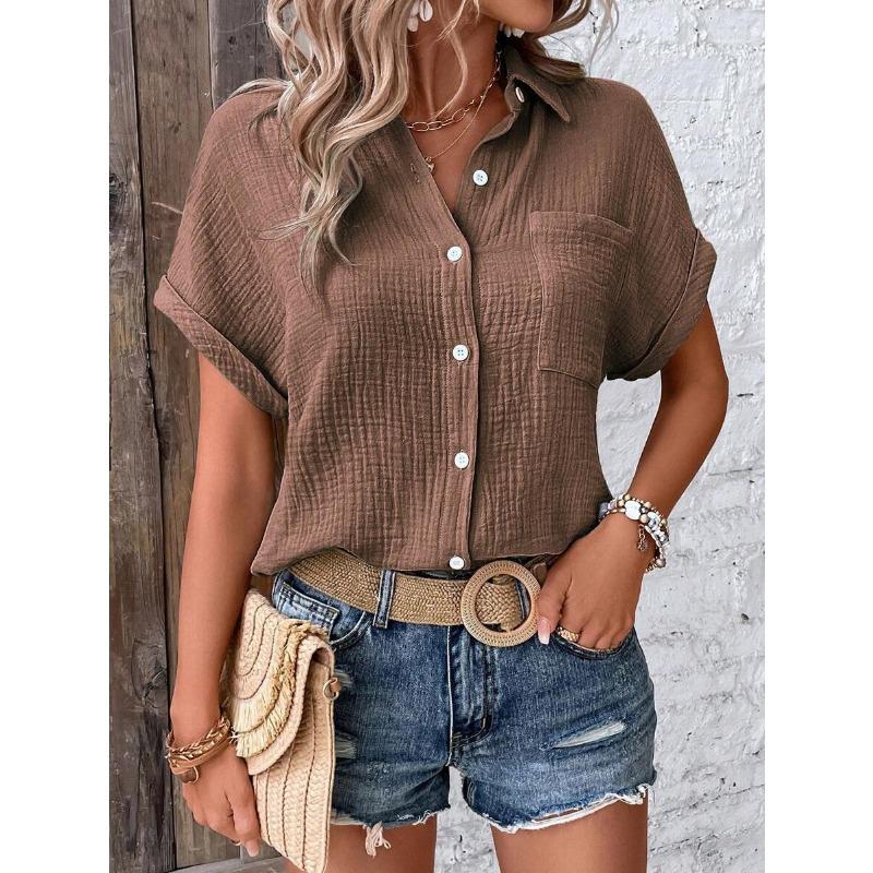 Women lapel collar crinkle textured short sleeve shirt solid multi color loose fit beach casual button down blouse