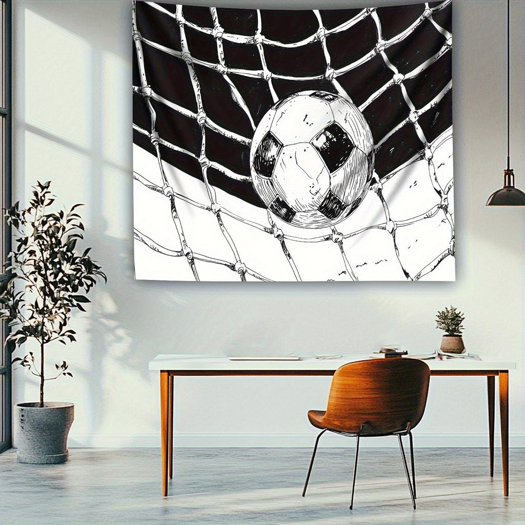 1pc Ultra Large Football Sketch Tapestry Black White Soccer Ball Art on Polyester Horizontal Wall Hanging for Living Room