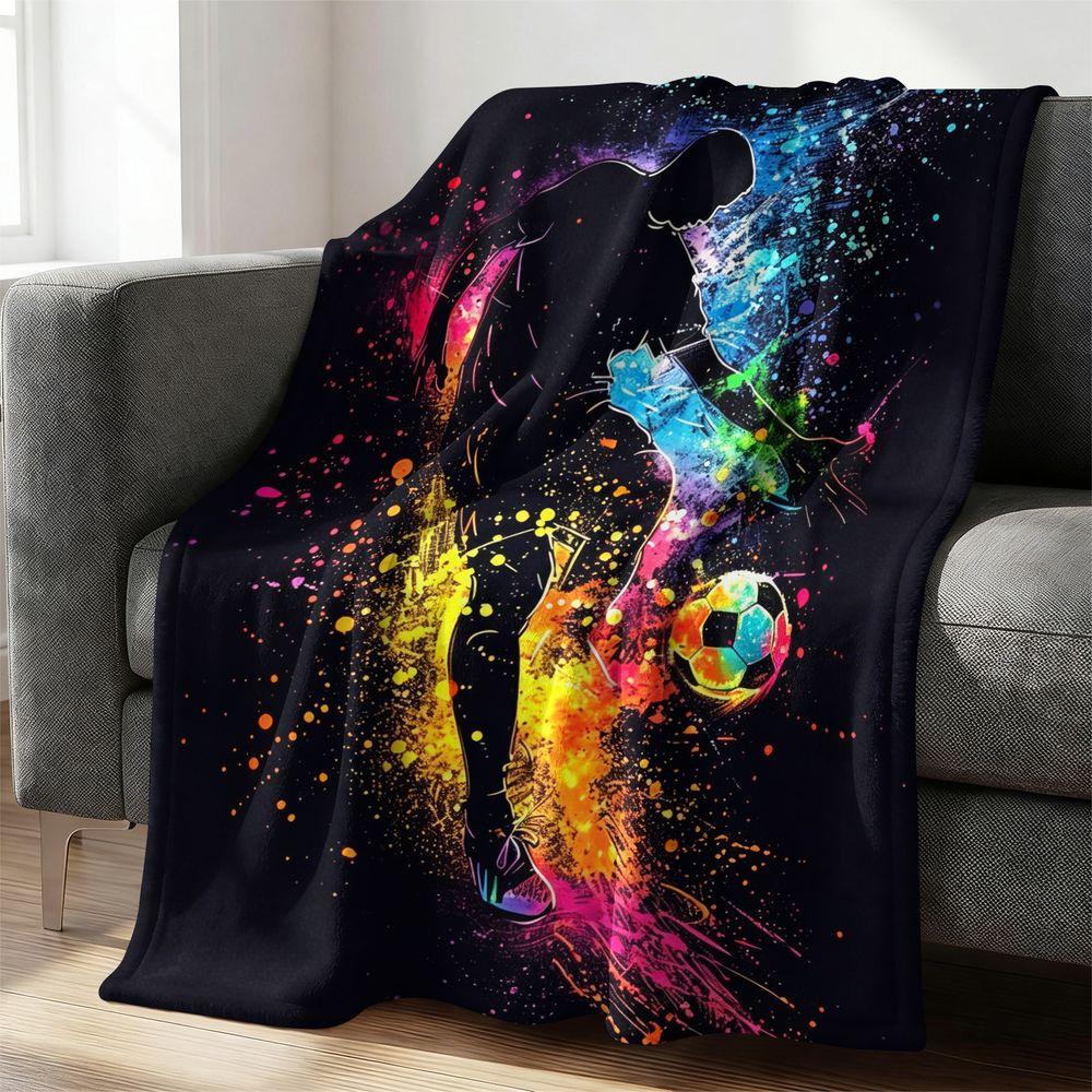 Soccer Player Splash Art Flannel Blanket Colorful Dynamic Motion Throw Soft Fuzzy Fleece Blanket Decorative Gift Blanket 75X95CM