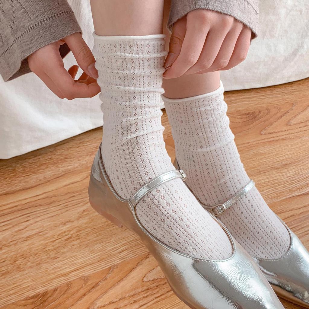 Women's Summer Style White Slouch Socks – Breathable Hollow Mesh Mary Janes, Seamless & Mid-Calf Length