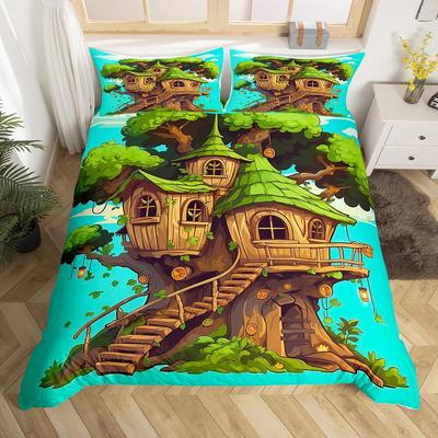 Tree House Duvet Cover Set for Kids Teens Lightweight Bedspread Cover Bedroom Decor Natural Botanical Theme Bedding Set No Quilt