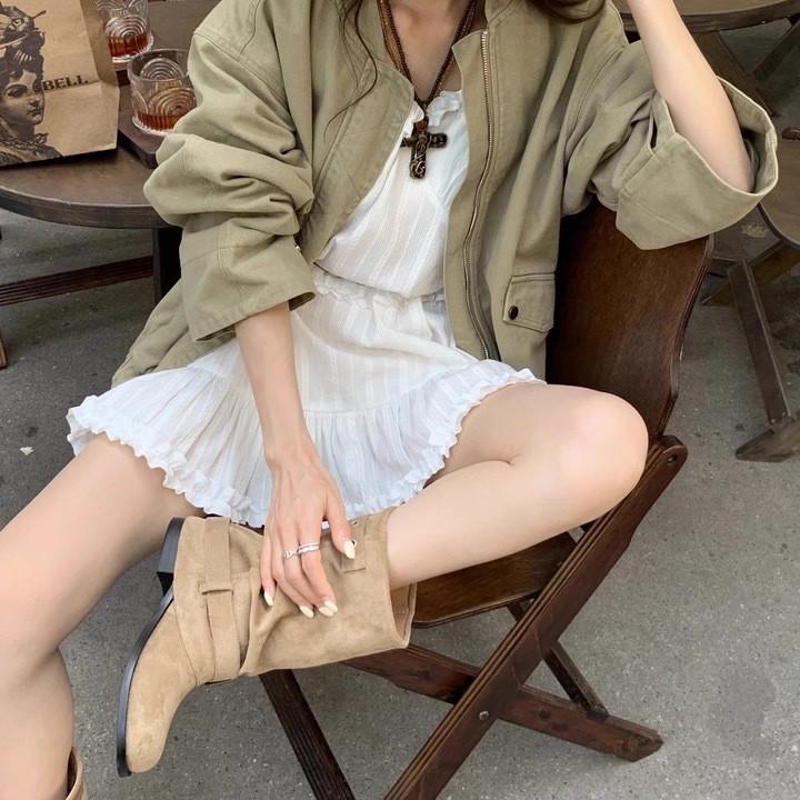 New Cool Coarse Heel Belt Buckle Pants Boots Women's Round Head Short Western Boots Skinny Wide Mouth Martin Boots