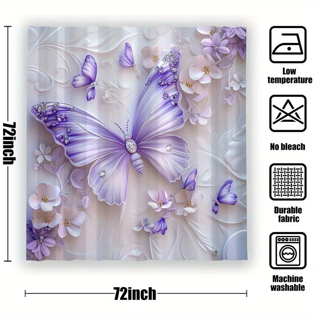 1pc Shower Curtain - Elegant Purple Butterflies and Flowers Design for a Serene Bathroom Waterproof