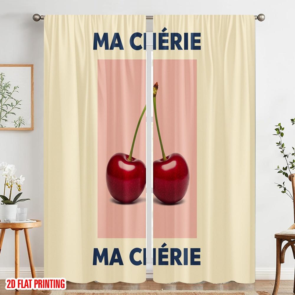 2pcs 2D Flat Printing Curtain Cherries Ma Cherie Polyester Fabric Without Electricity Seasonal Party & Holiday Decor Perfect for