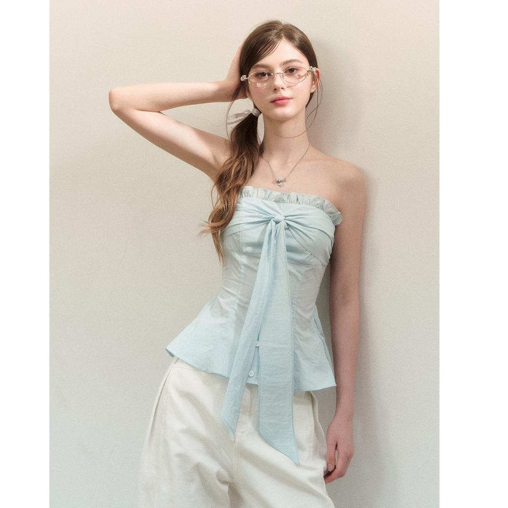 Gentle and Sweet Wind Bow Strap Design Tube Top Summer Waist Thin Fresh Age-reducing Versatile Top
