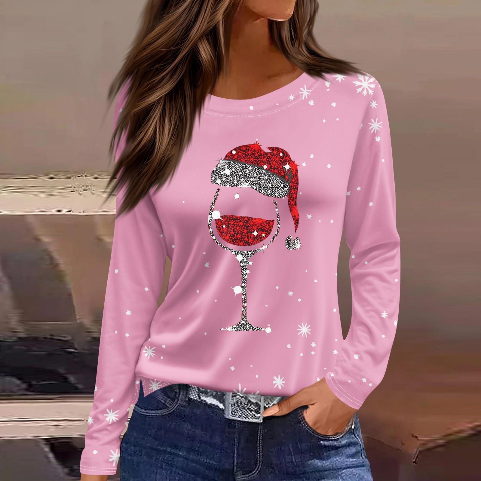 

Длинные рукава женские топы цветочный принт винтажная мода повседневные свободные с R-образным вырезом рубашки больших размеров Рождество S розовый