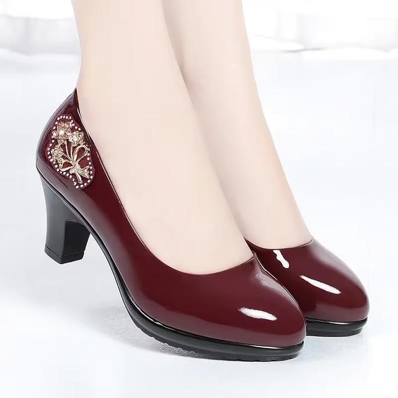 Fashion Comemore Office Square Heel Shoes Spring 2025 Lady Fashion Comfy Shoes Zapatos De Mujer Women Red Sweet Black Pu Leather Pumps