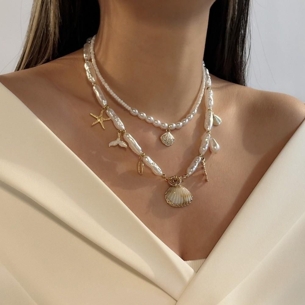 Multi-layer Starfish Pendant Necklace Ocean Style Imitation Pearl Shell Conch Necklace Bohemian Clavicle Chain Summer Beach