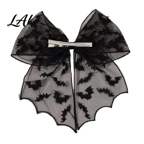 Mesh Bow Hair Clip Halloween Bat Spring Clips Black White Lace Spider Web Moderate Clamping Force Barrettes Gothic Dark Style for Women Cosplay