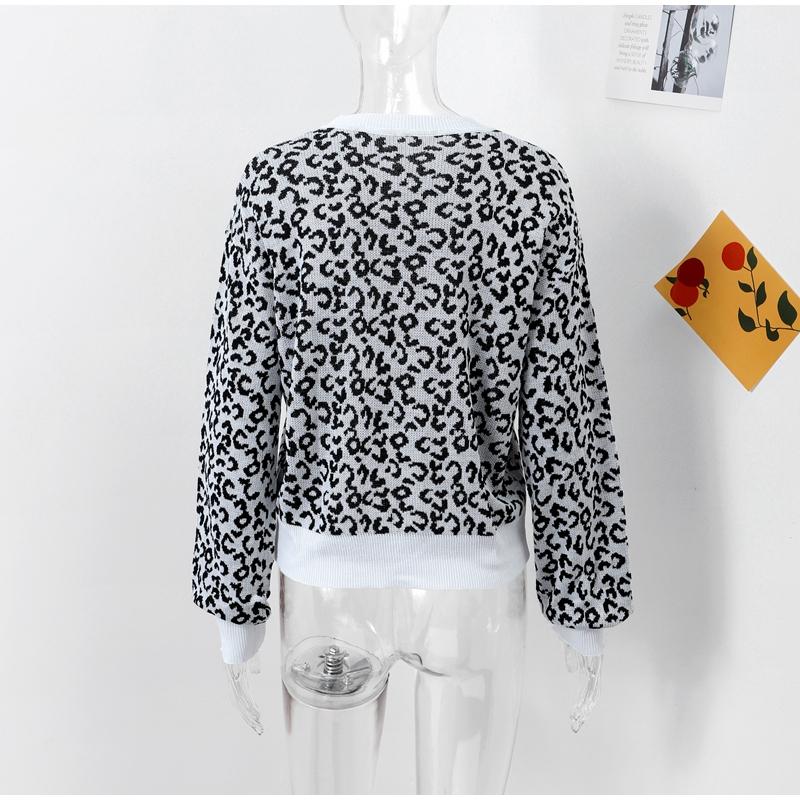 Pull à col rond pour femme Court Imprimé léopard Tricoté Haut à la mode et décontracté Pull Jumper Chemise de fond Automne et Hiver