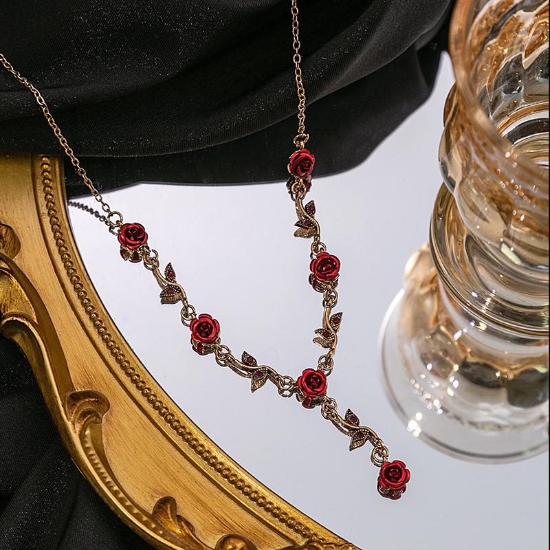 French Girl Mori Rose Earrings, Retro Romantic Red Flower Bracelet Niche Design Necklace Set