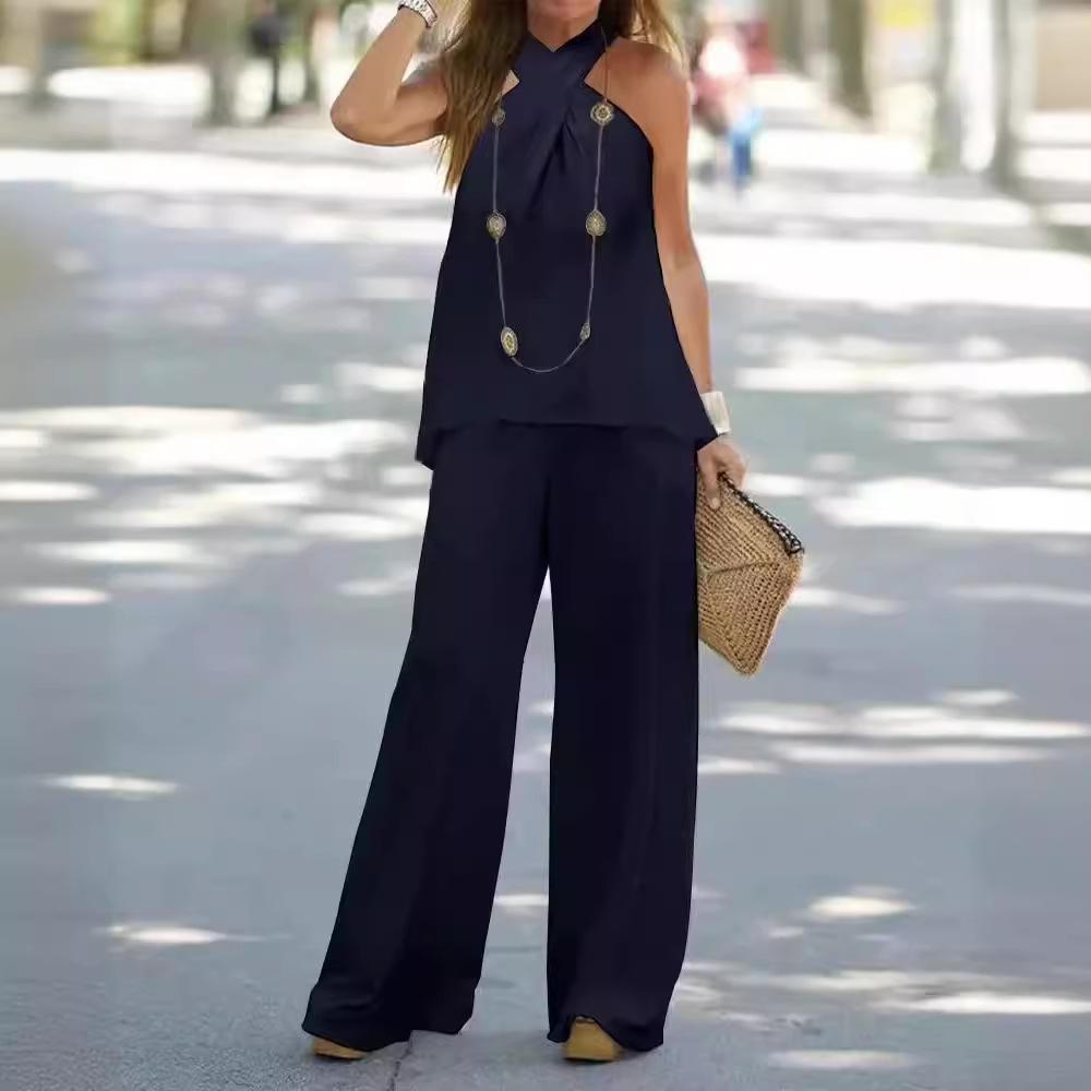 Women's Set Casual Halter Solid Color Sleeveless Top Straight Pants Two-piece Set