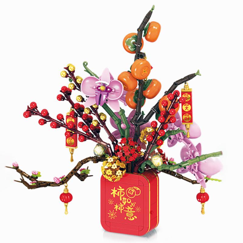 Bouquet Light Music Box Building Block Chinese Decoration for Spring Festival Flowers Orange Tree New Year Gift